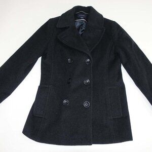 Lands' End Womens Pea Coat Size 8 Charcoal Gray Wool Blend Double Breasted Lined